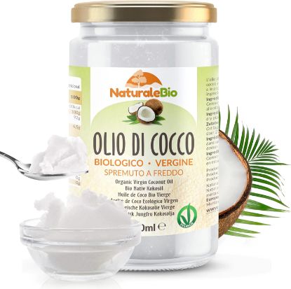 Picture of Organic Virgin Coconut Oil 1000 ml. Raw Cold Pressed. 100% Bio, Pure and Natural. Native Unrefined Organic. Country of origin Sri Lanka. NaturaleBio